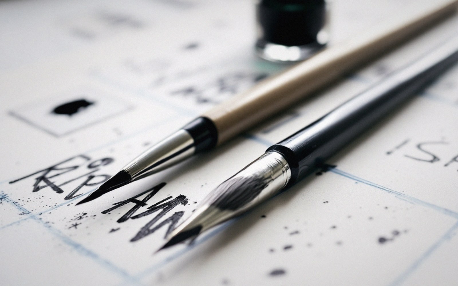 Two ink brushes with fine tips rest on paper covered in handwritten scribbles and ink splatters