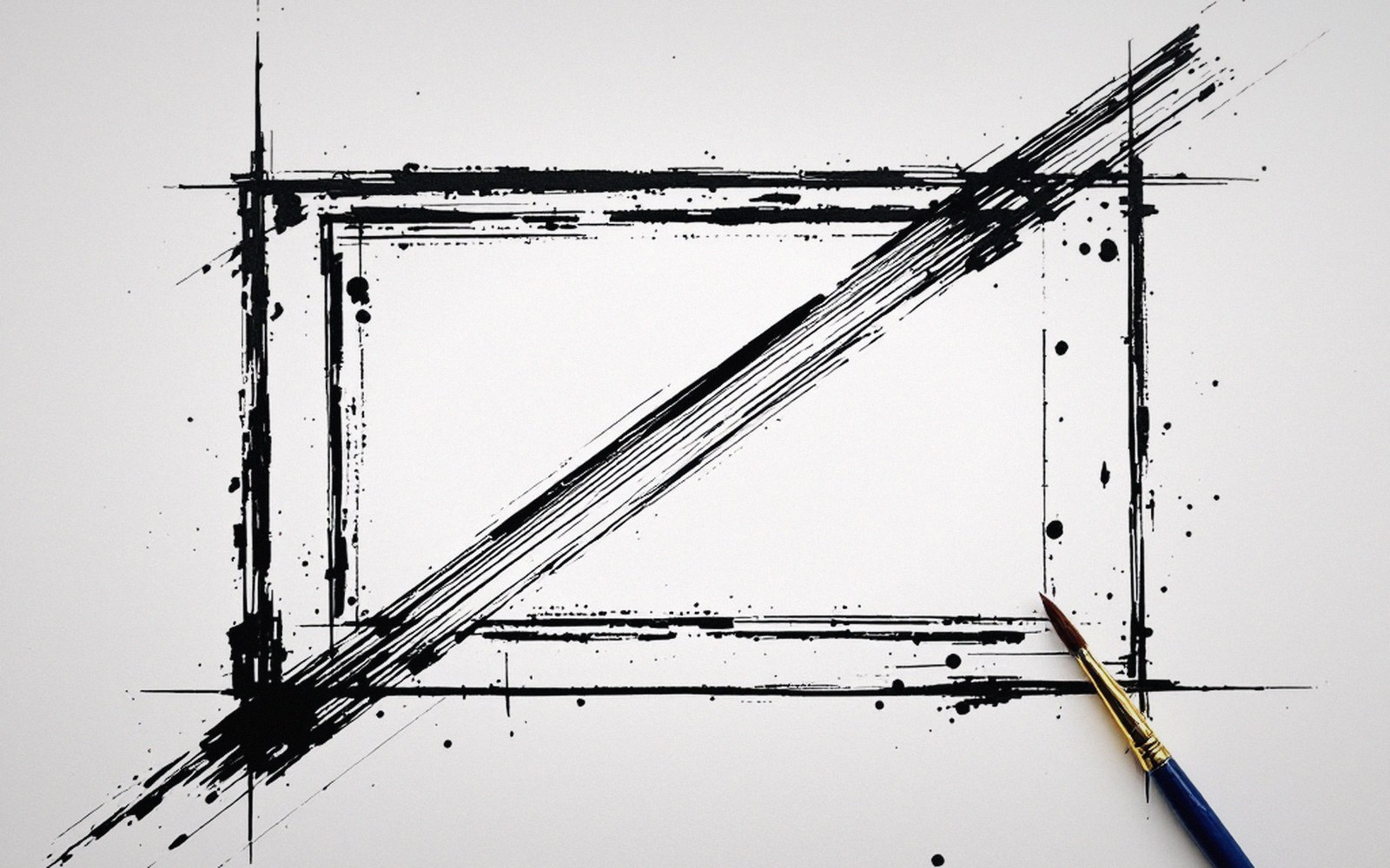 Black ink brushstrokes form a rectangular frame with a diagonal slash, paintbrush resting beside it