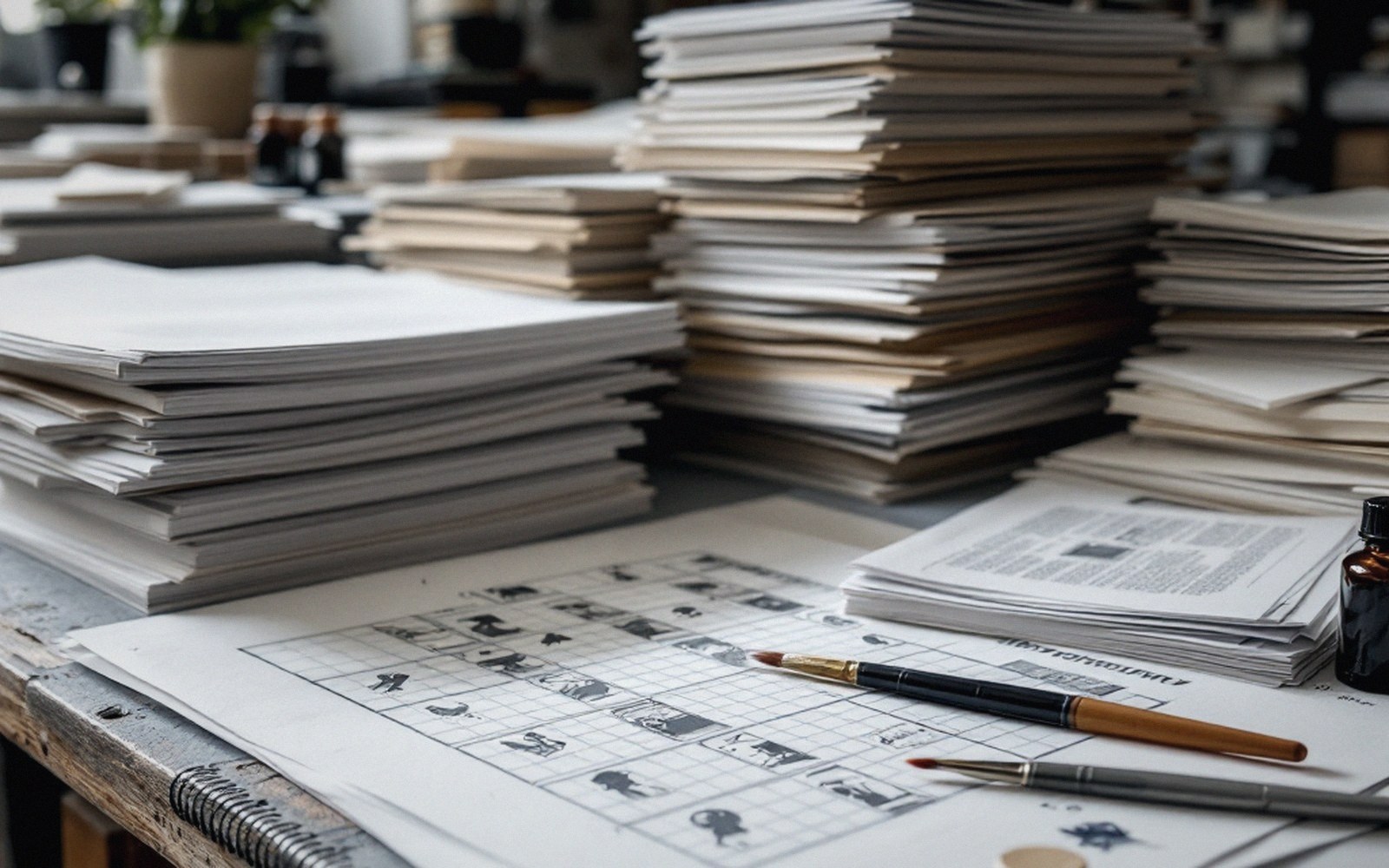 Stacks of paper on a workbench beside brushes, ink bottles, and a gridded imposition diagram