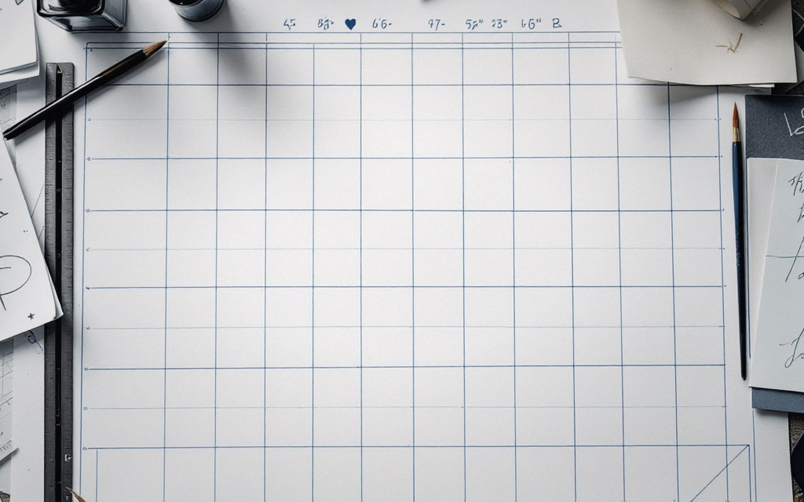 Blank grid paper on a desk surrounded by pencils, a ruler, ink bottles and notebooks